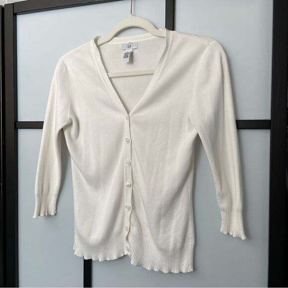 [xs/s] GAP Women’s White Ribbed Knit 100% Cotton Button Down 90s Baby Cardigan - Picture 2 of 15